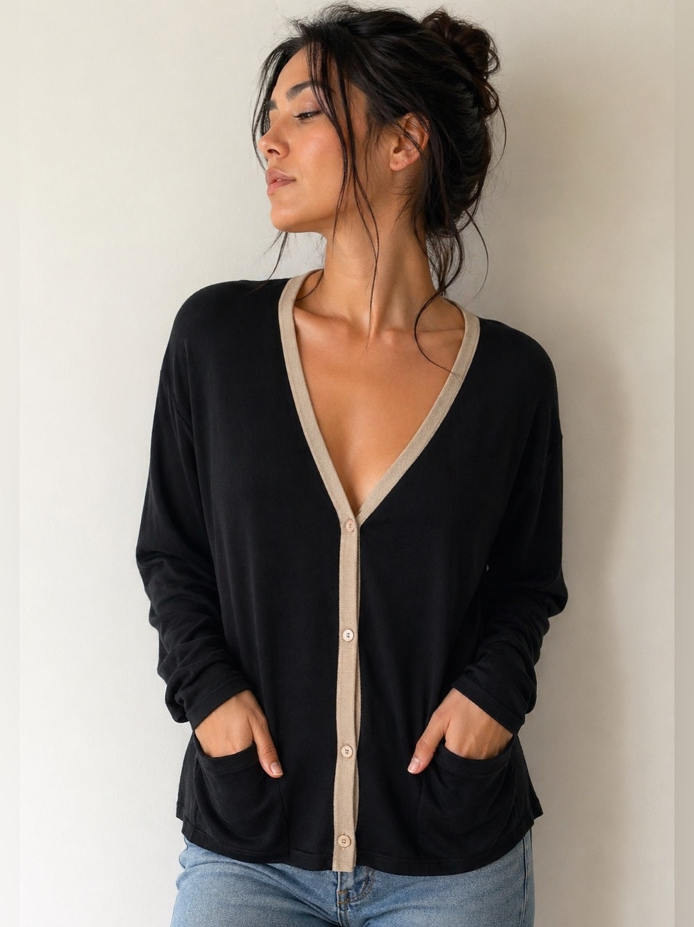 MaxMara Black Cardigan with Cream Trim